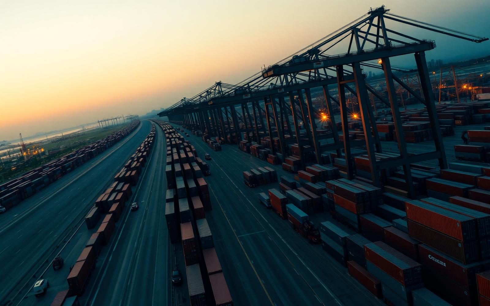 Container terminal at dusk