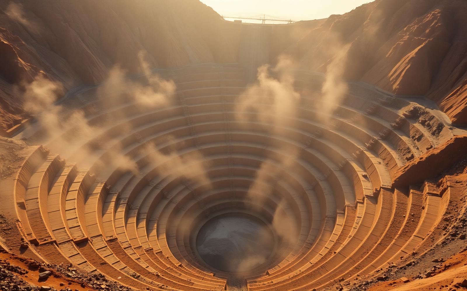 Terraced open-pit mine at first light