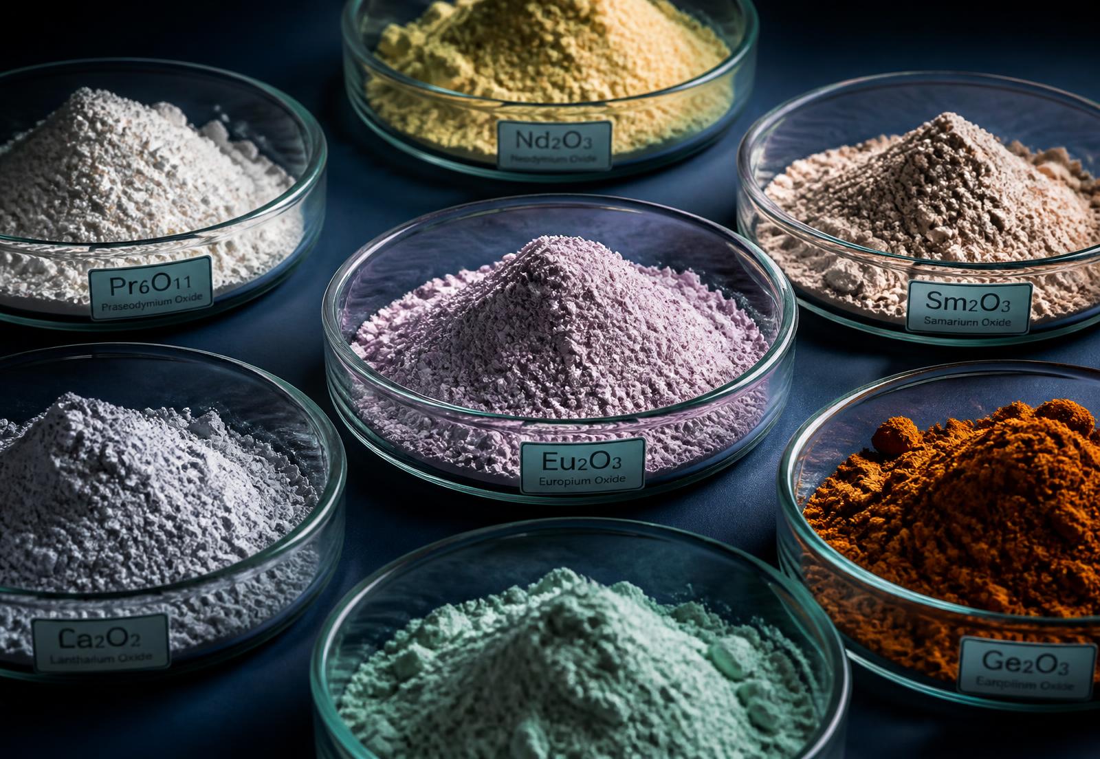 Separated rare-earth oxide powders in laboratory dishes