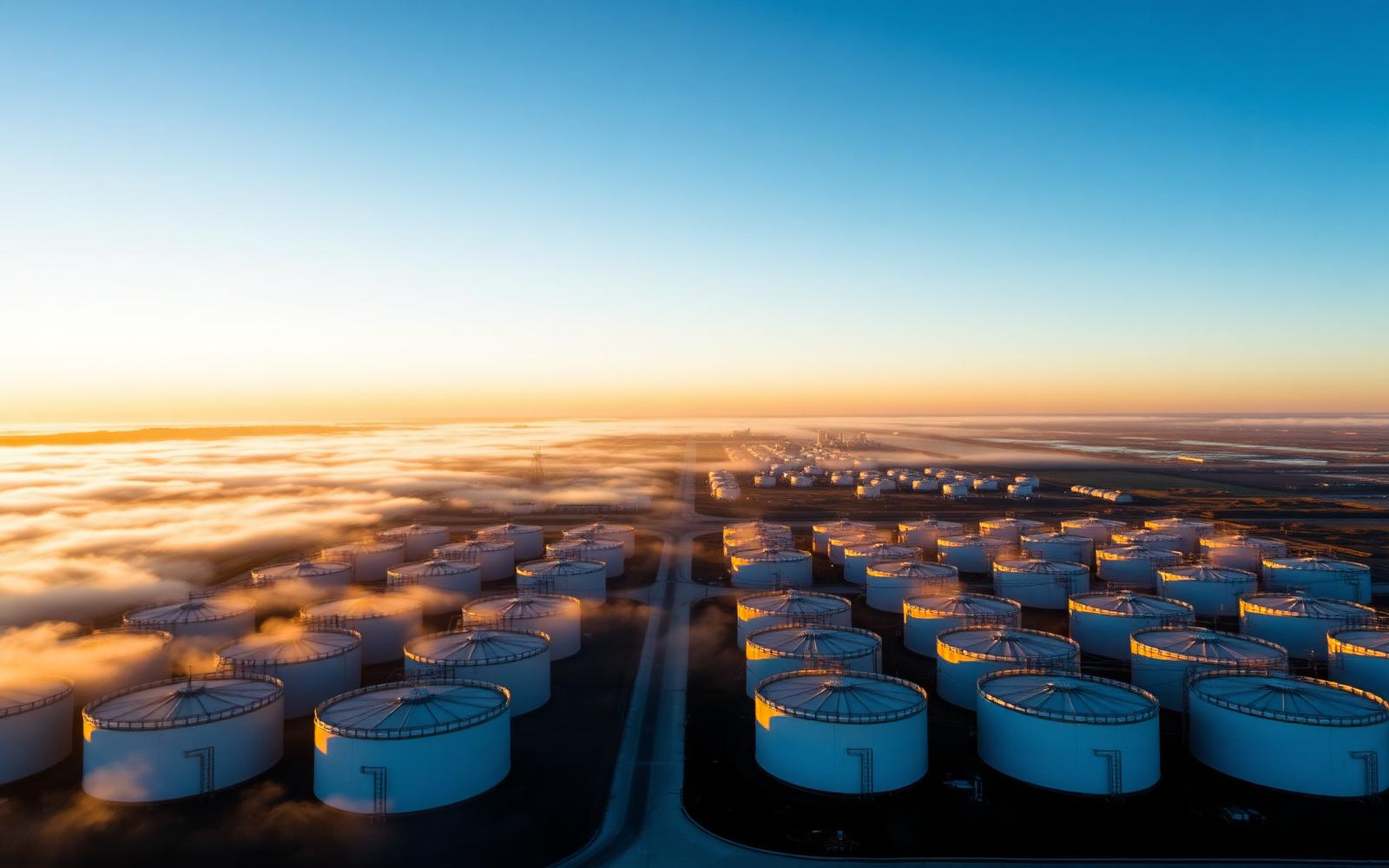 Crude oil tank farm at dawn